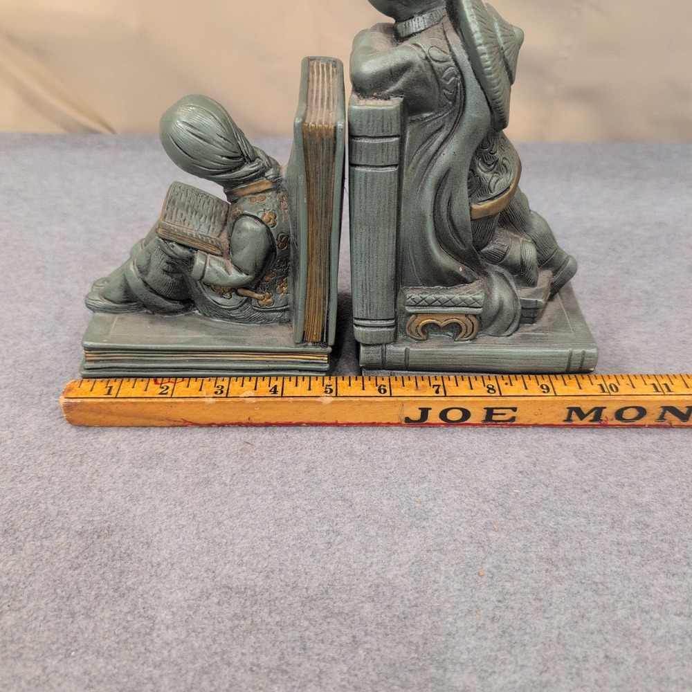 Vintage 1964 Universal Statuary Corp Asian Boy Girl Reading Bookends 927B Green - Picture 8 of 8